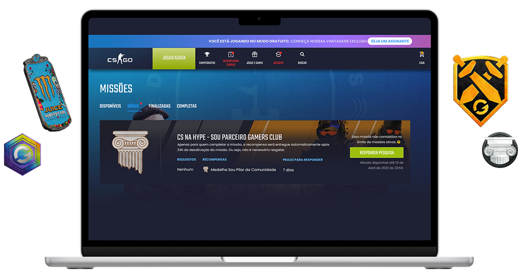 GamersClub Missions page with floating community medals and game icons