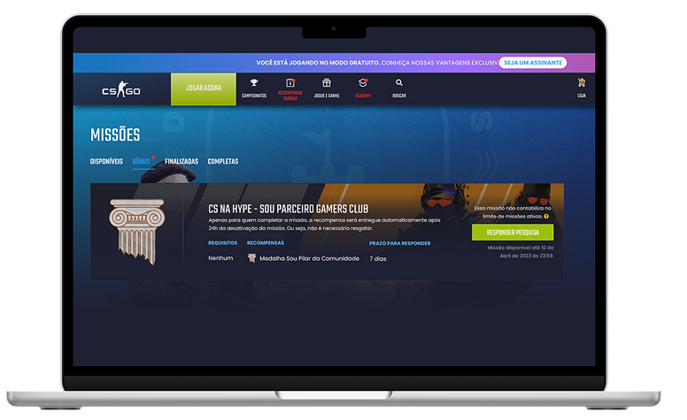 GamersClub Missions page on a laptop